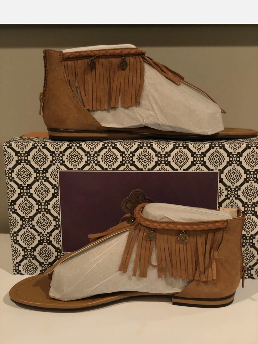 Fringe Braided Ankle Sandals - Tan Women’s Flats